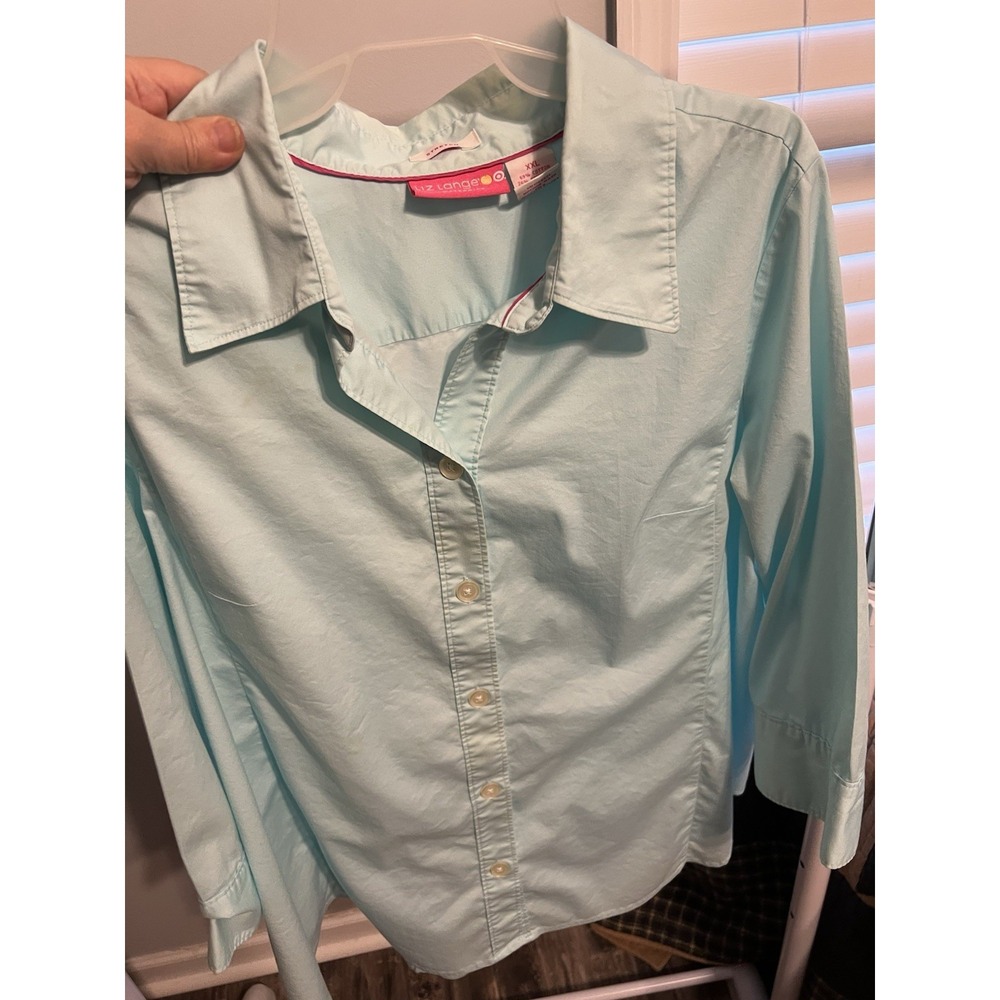 Liz Lange Maternity Button Down Shirt XXL Aqua Stretch Cotton Target Long Sleeve